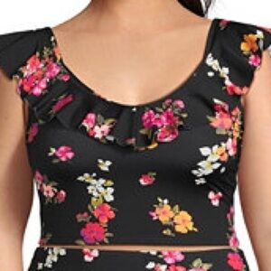 Land's End ruffle V-neck plus size black meadow floral midkini top adjust 18W